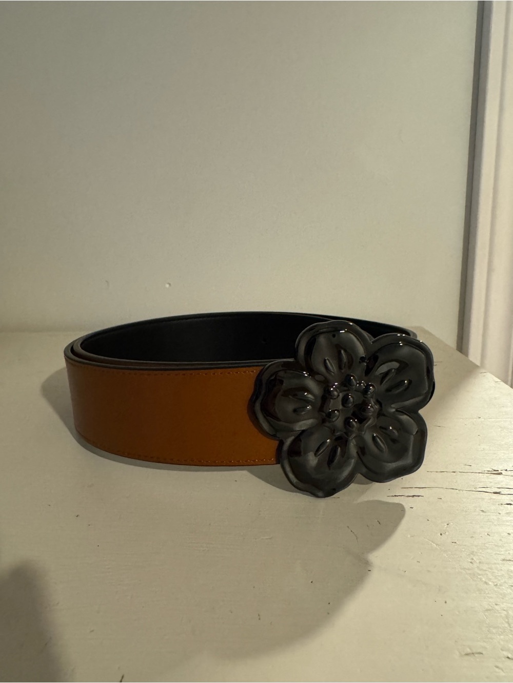 Kenzo Brown Leather Belt with Black Floral Buckle